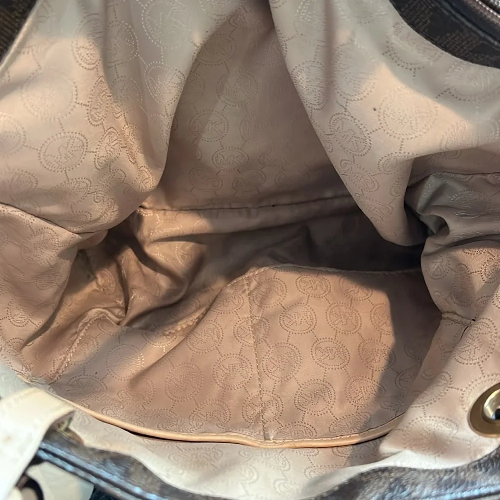 MICHAEL Michael Kors Brown Logo Tote with Pale Pink Leather Straps